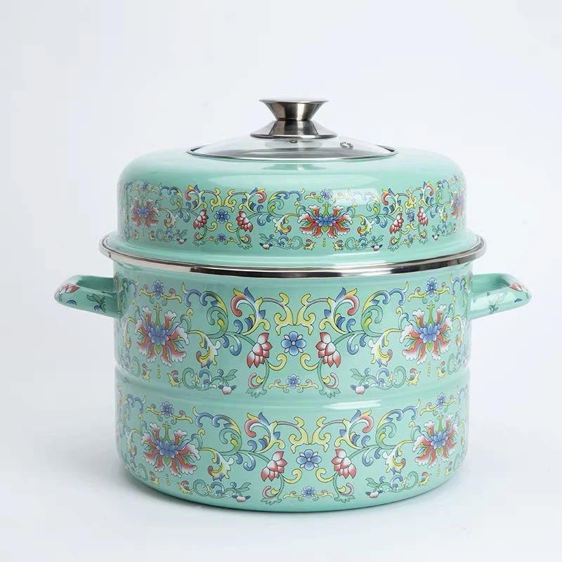 32cm珐琅搪瓷绿钩莲蒸锅可视玻璃盖双层蒸锅炖锅电磁炉明火通用