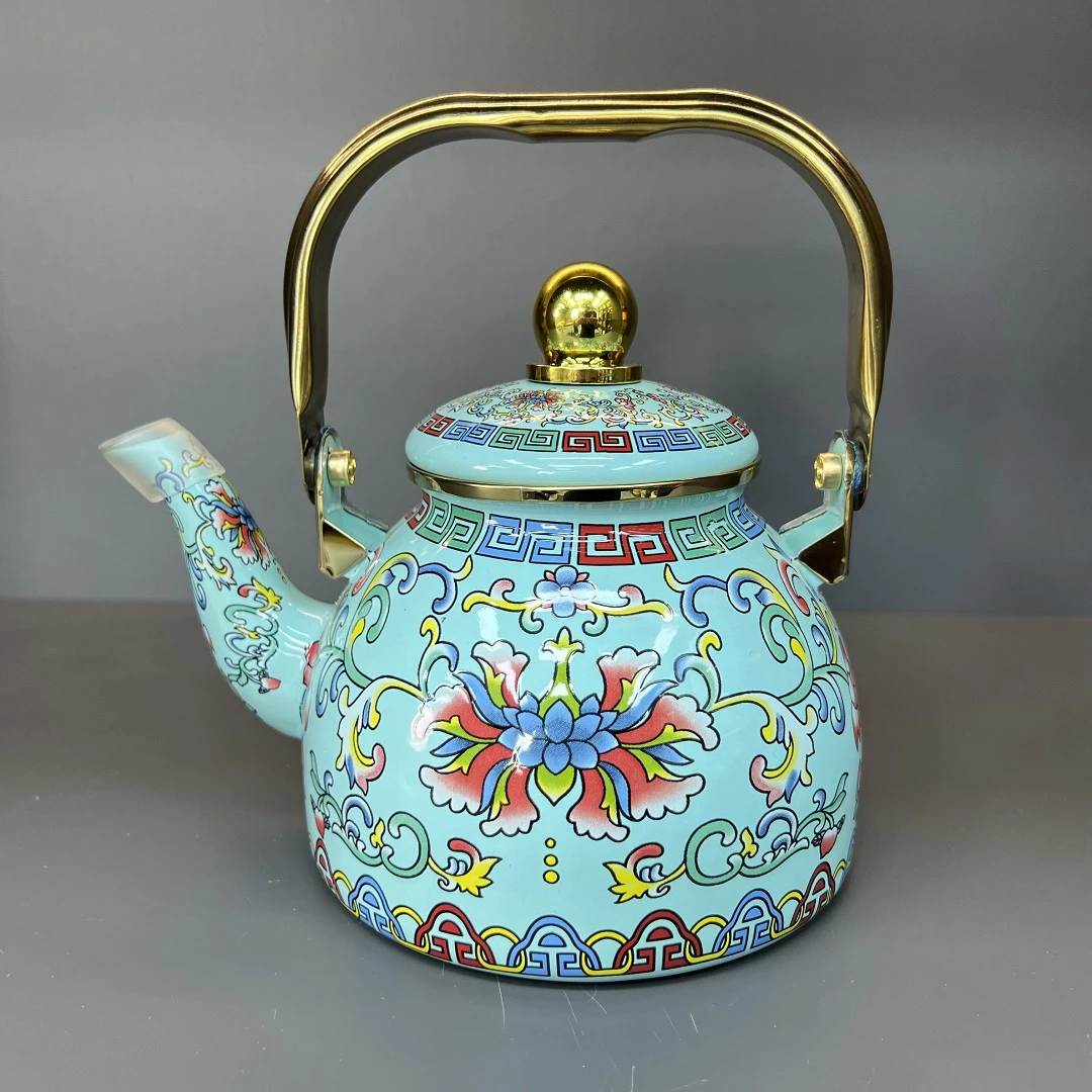 1.2L绿钩莲珐琅搪瓷加厚带滤网烧水壶煮茶壶家用油壶醋壶