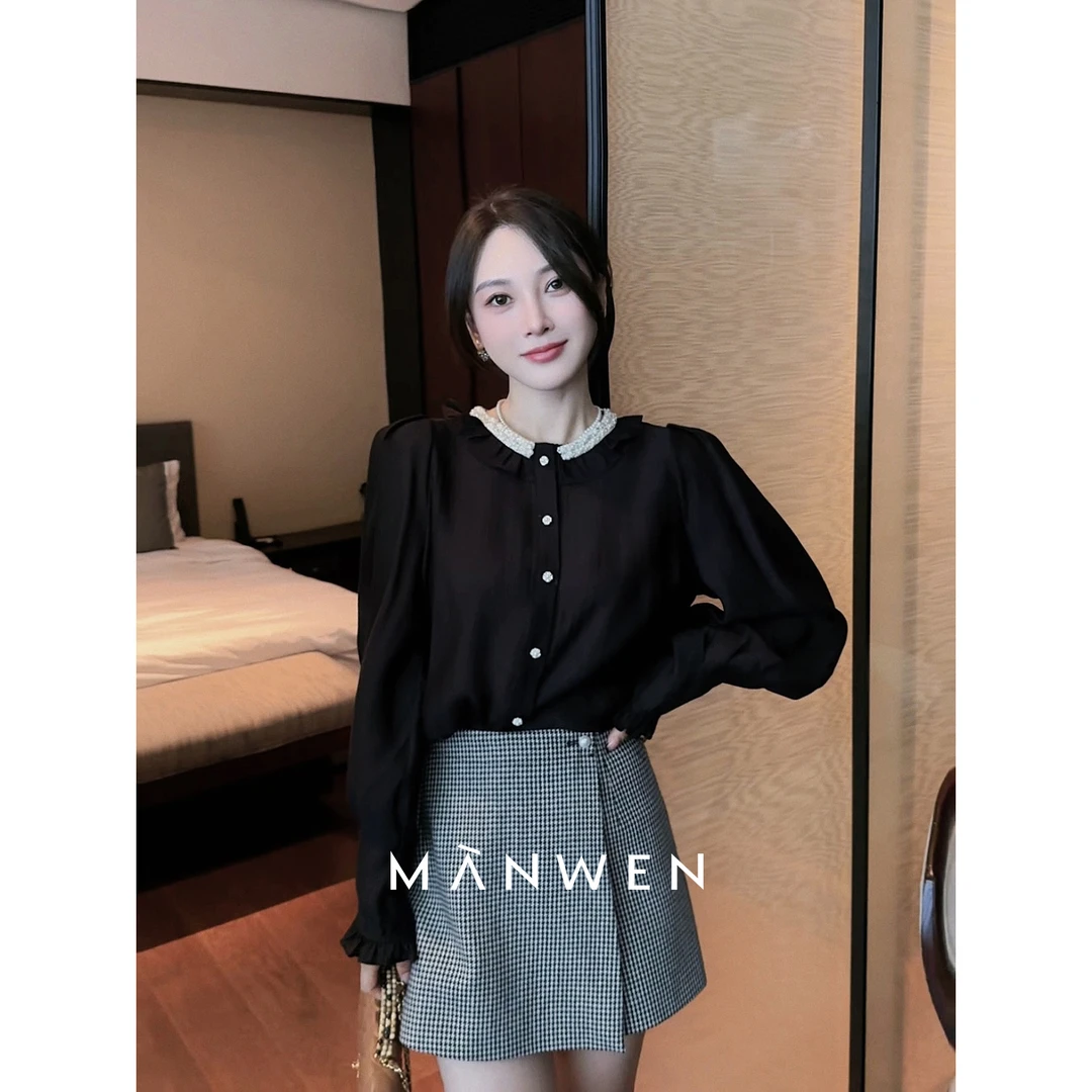 【曼文kiki】小美满 精致钉珠圆领花边气质上衣  MANQ033
