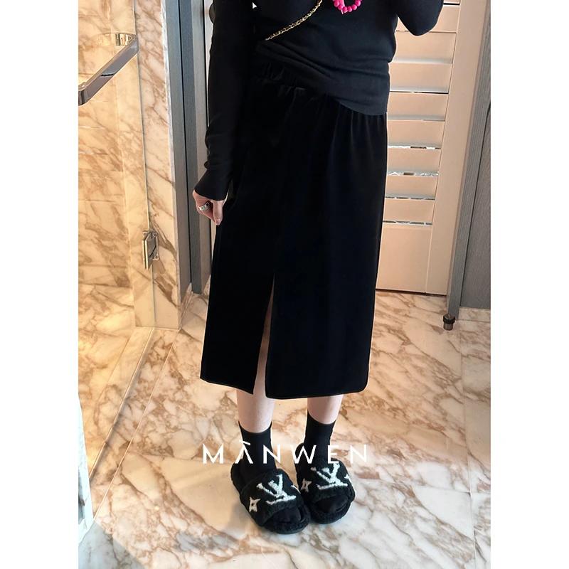 【曼文kiki】“黑金丝绒裙”松紧腰开叉直筒真丝丝绒半身裙 MANA527