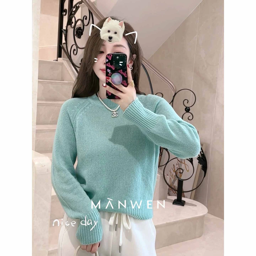 【曼文kiki】“ 温柔薄荷绿” 高品山羊绒圆领针织衫 MANQ372