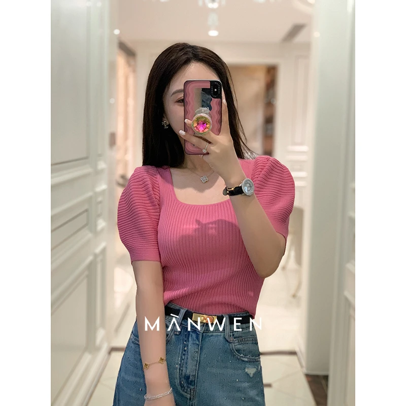 【曼文kiki】“一见倾心”减龄泡泡袖坑条针织短袖  MANC247