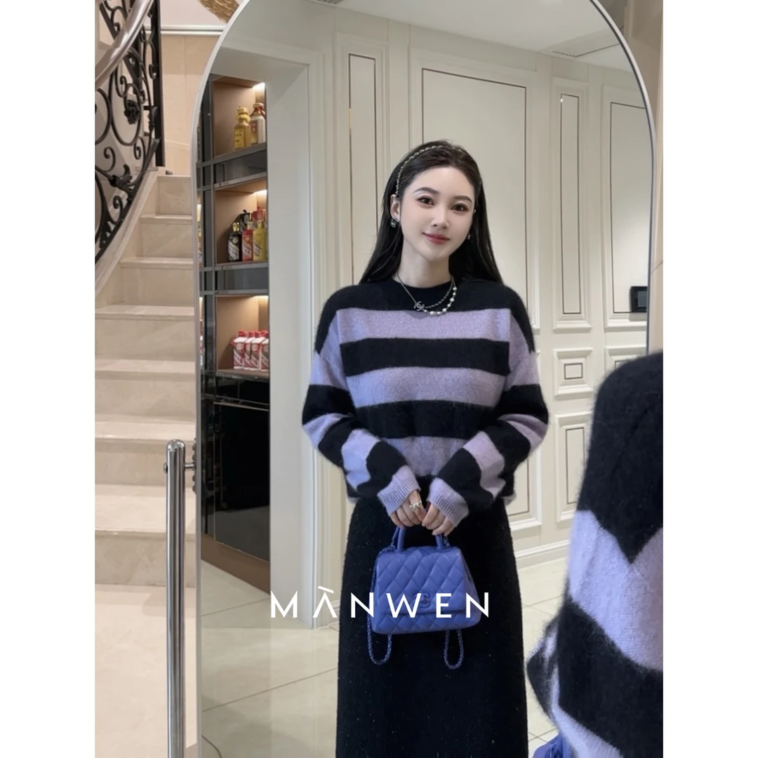 【曼文kiki】彩条羊绒 撞色条纹宽松慵懒毛衣 MANQ475