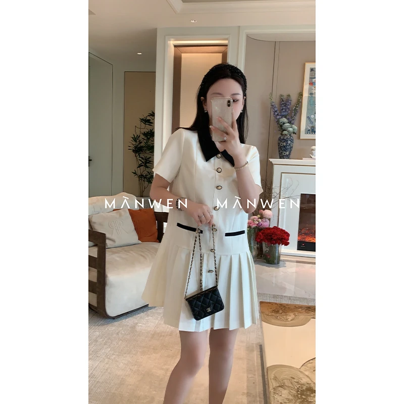 【曼文kiki】“清霁如风”日常通勤气质小香百褶时尚连衣裙MAN453