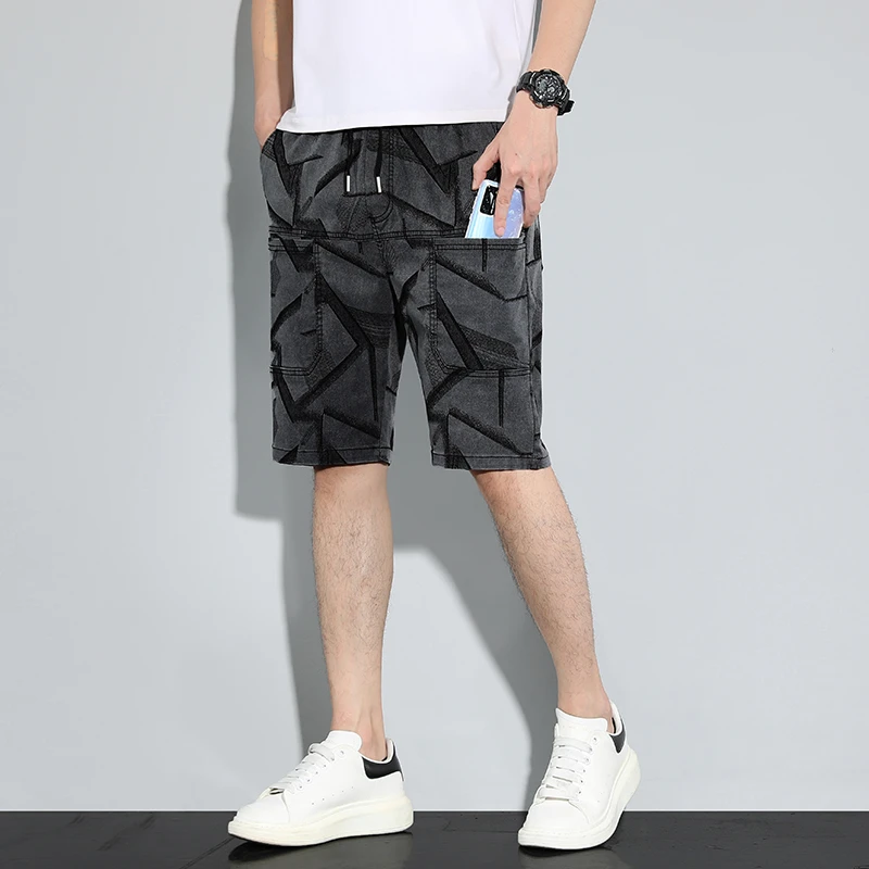 2024夏季六兜提花牛仔短裤小脚男士五分休闲弹力抽绳潮流时尚男裤