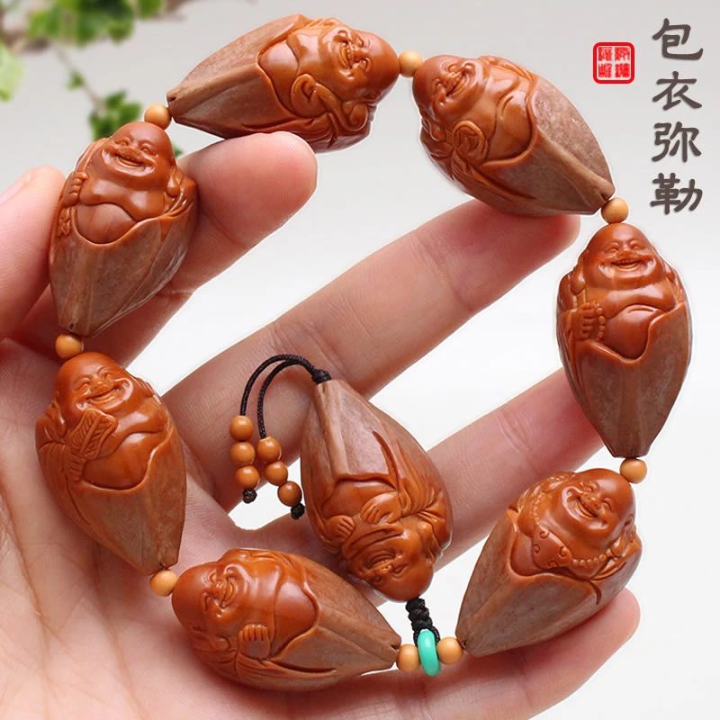 橄榄核雕大籽包衣弥勒佛男士手串