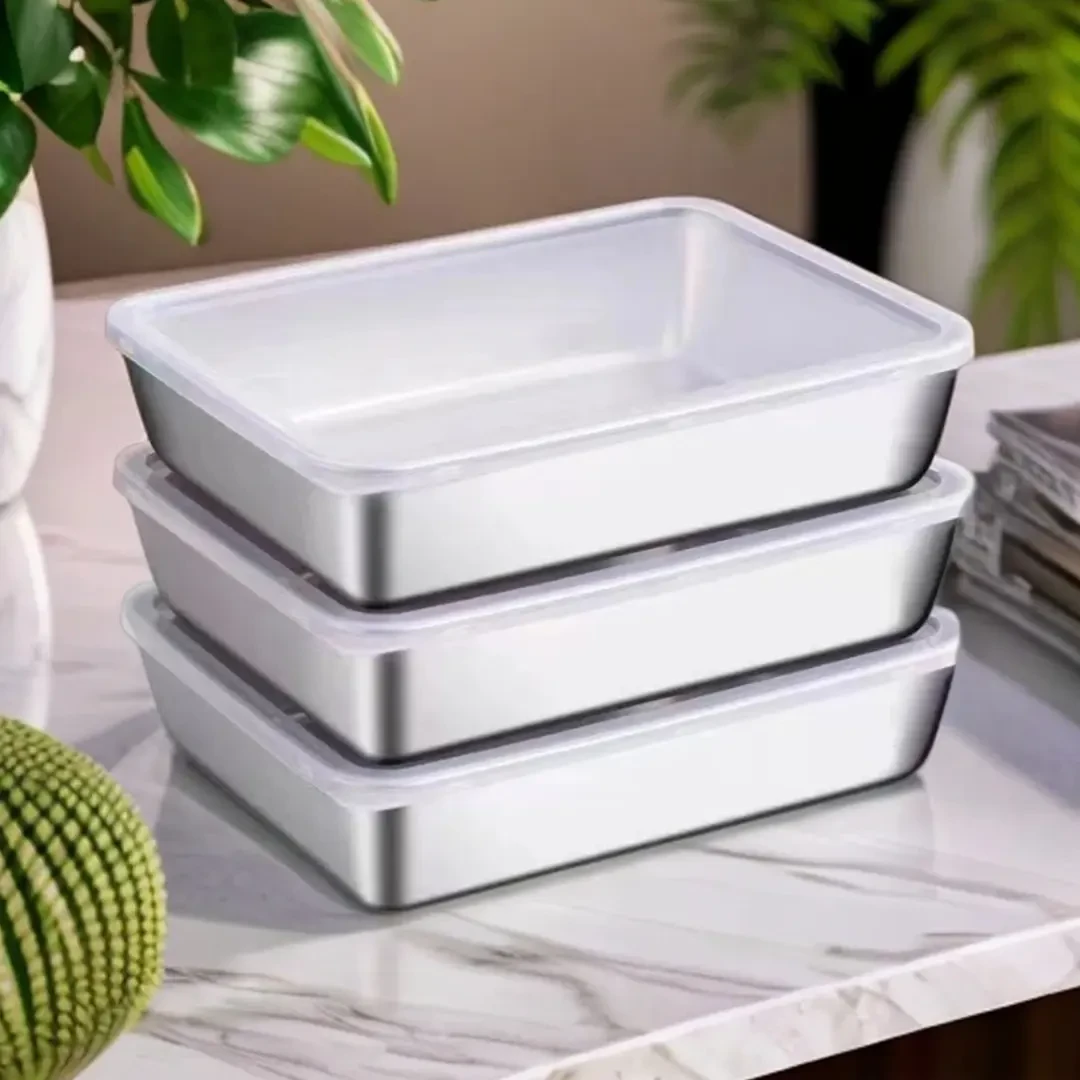 【两个盘子两个盖子】加厚不锈钢方盘保鲜盒长方形托盘小龙虾烧烤盘