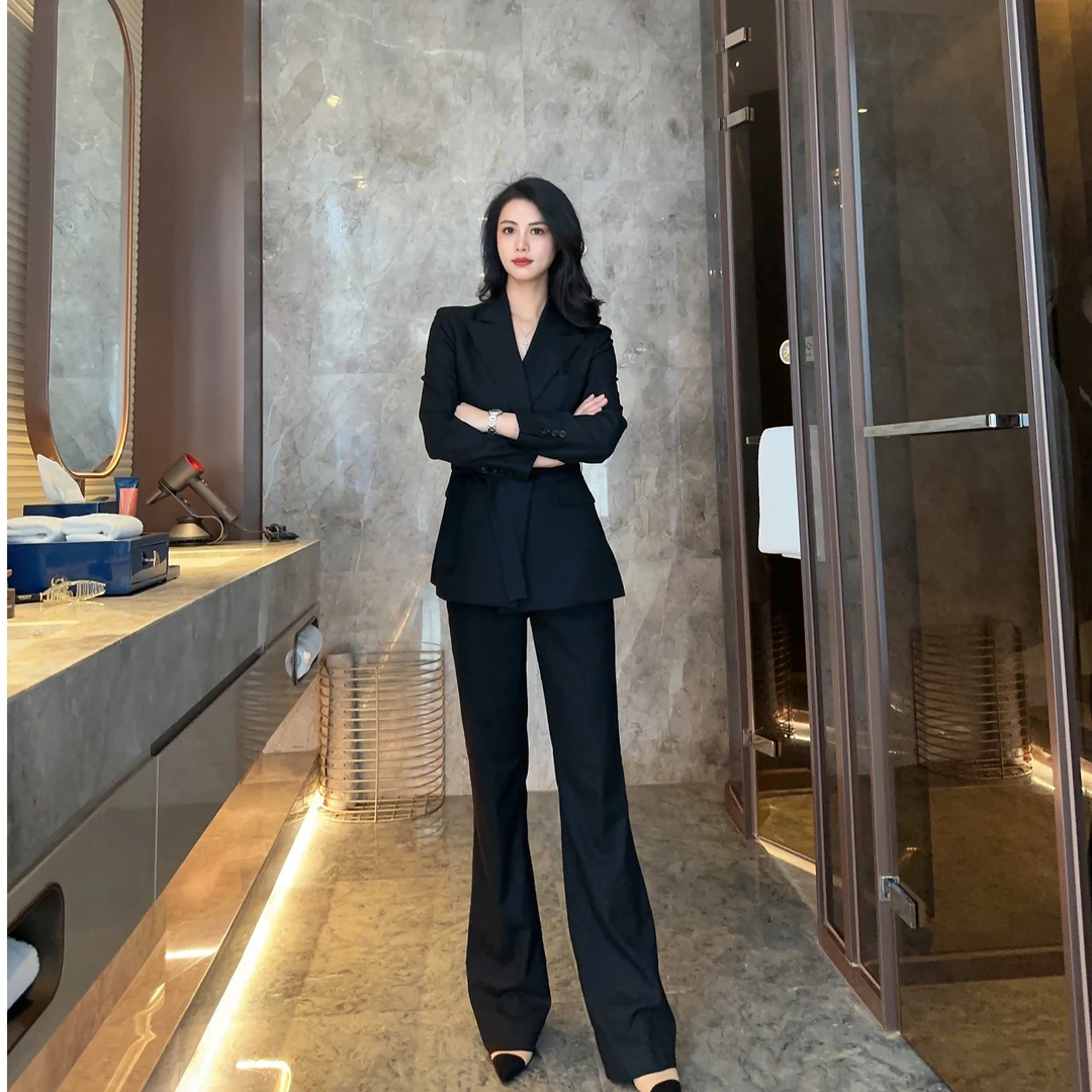 双排一扣腰带款黑色修身西装套装喇叭裤职业西服显瘦杨丹推荐