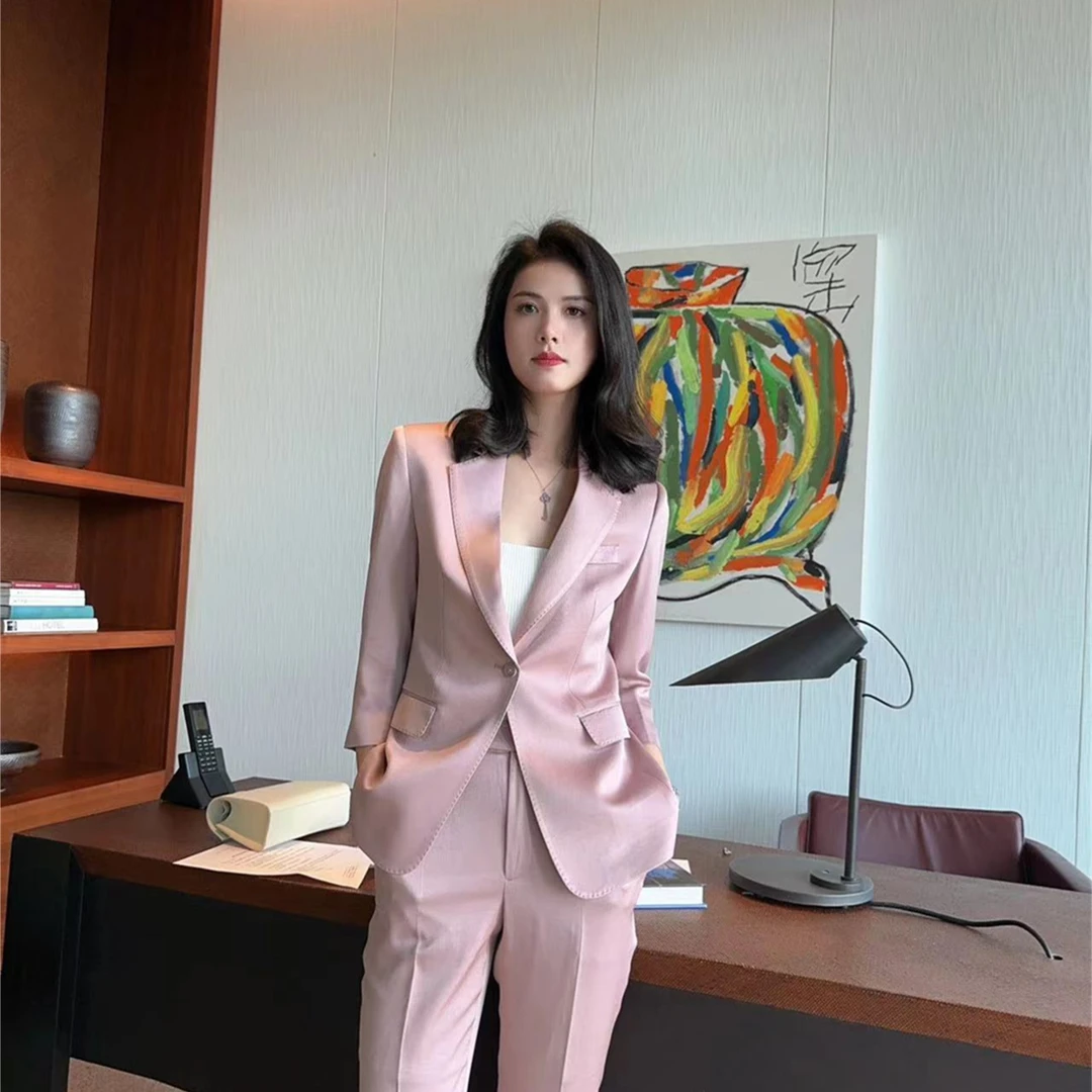 紫粉色女士修身三醋酸西装套装半里衬夏款七分袖职业西服九分裤