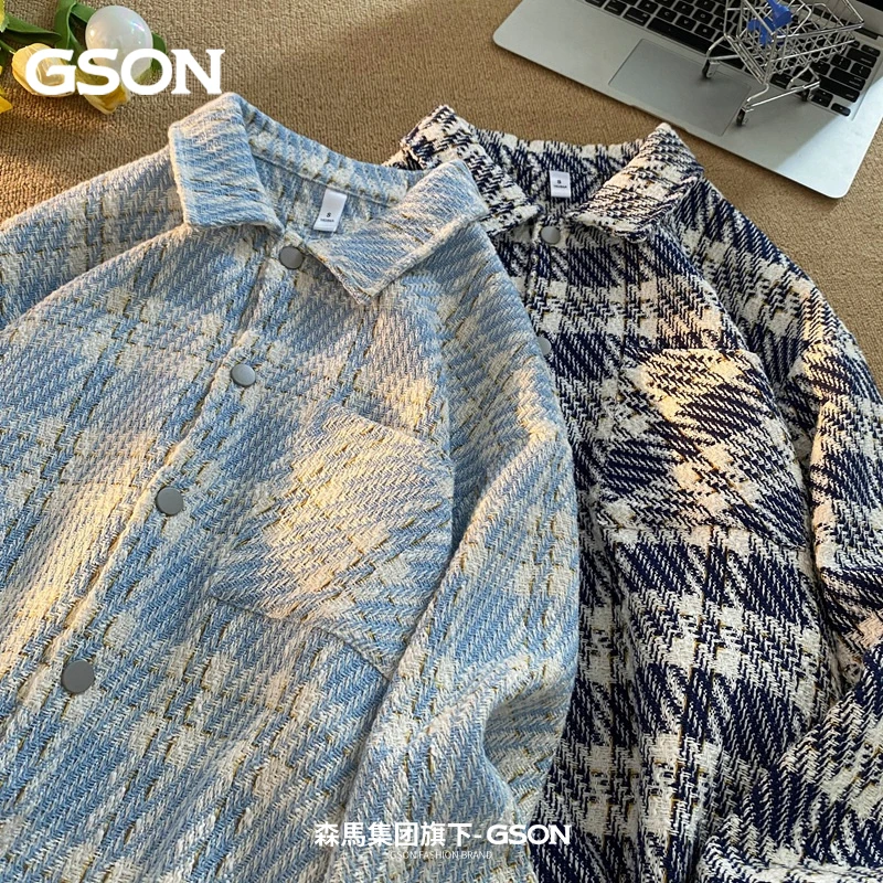 GSON外套男秋季潮牌小众格子情侣长袖宽松百搭夹克男休闲时尚百搭