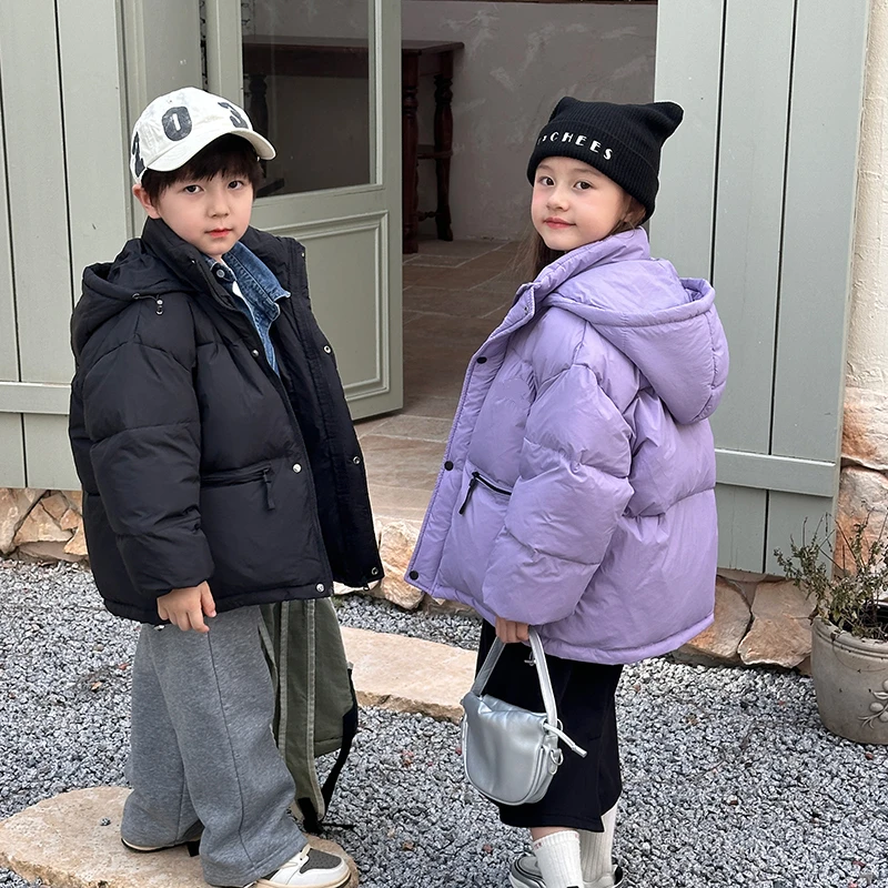儿童中大童韩版加厚绒丝羽丝面包服2024秋冬新款男女童连帽外套潮