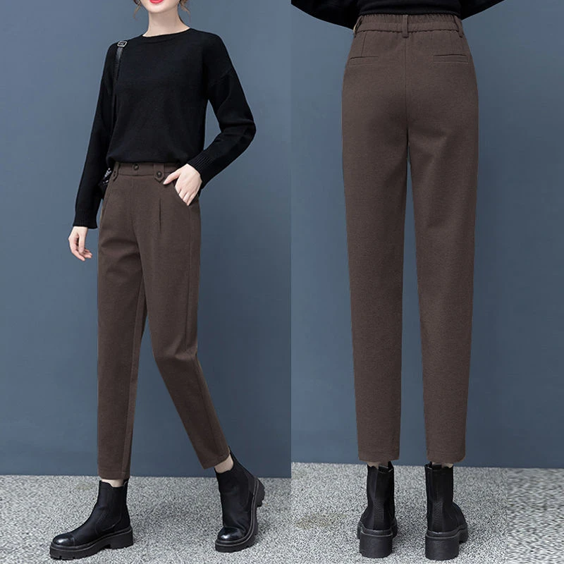 毛呢裤子女秋冬加厚九分女裤宽松显瘦哈伦裤2023新款遮肉奶奶长裤