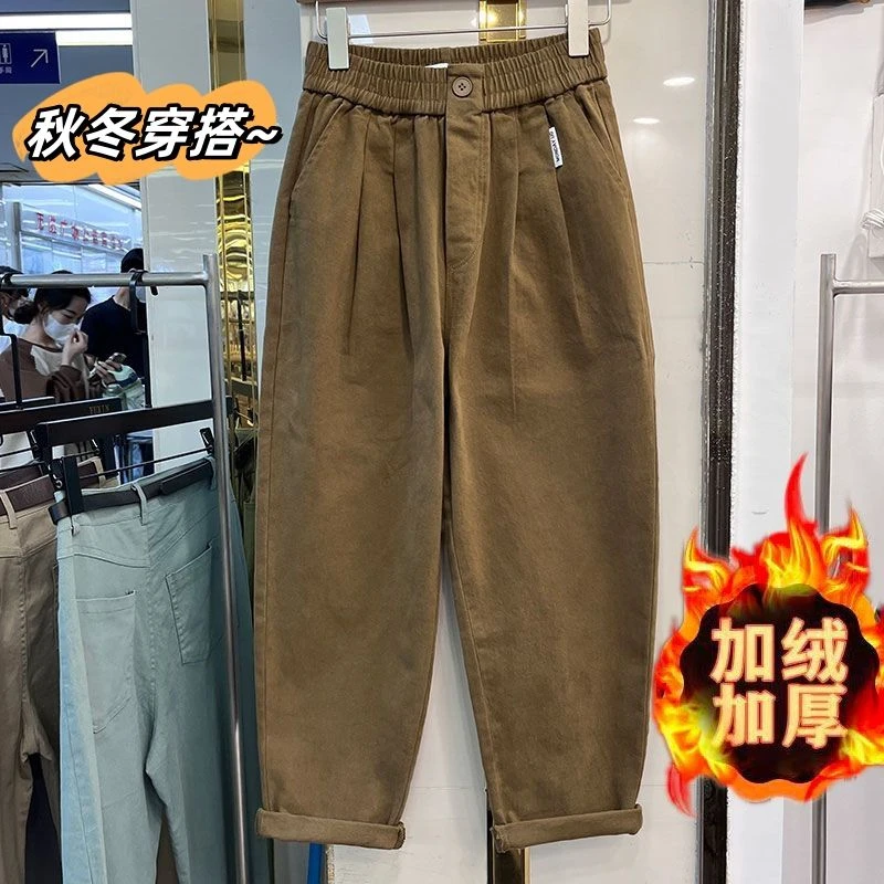 秋冬森系裤子女宽松紧腰哈伦裤休闲个性小个子工装裤女胖MM加绒裤