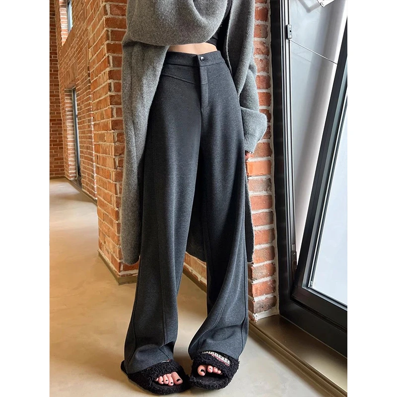 灰色香蕉裤女秋冬加厚羊毛呢窄版直筒阔腿裤高腰休闲垂感弯镰刀裤