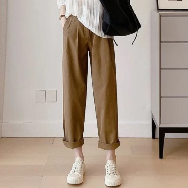 秋冬大码女装休闲裤梨形身材胖妹妹mm宽松阔腿工装翻边哈伦萝卜裤