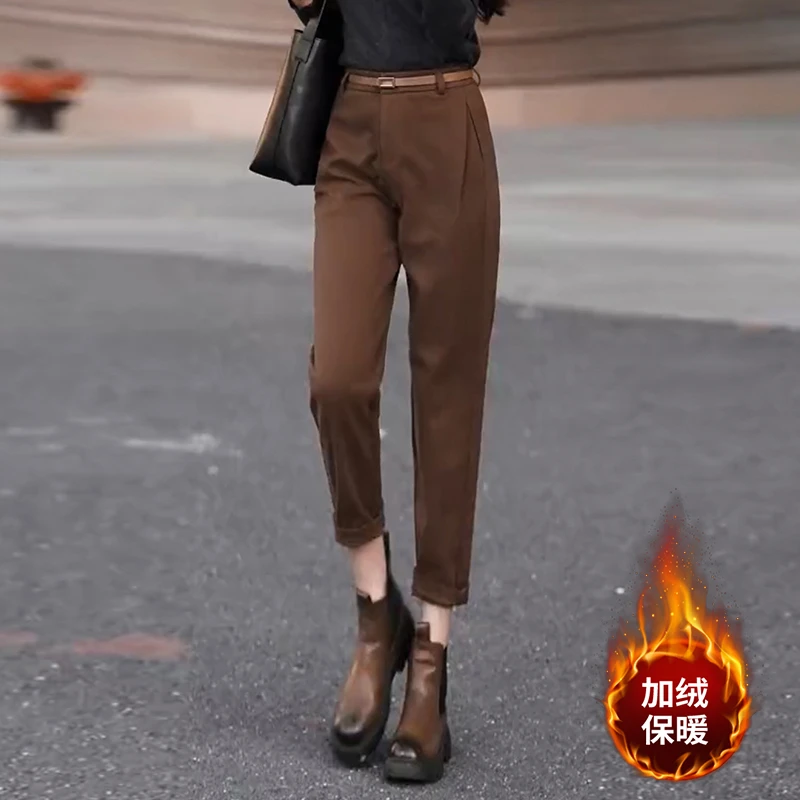 毛呢哈伦裤裤子女加绒加厚秋冬西装裤高腰女款萝卜裤女保暖烟管裤