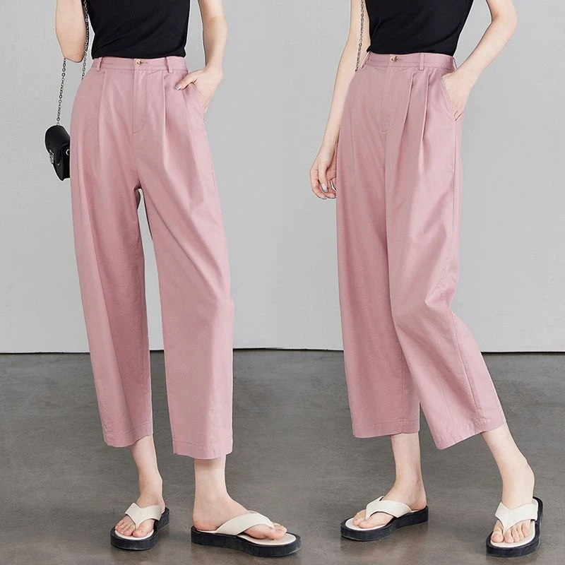 休闲阔腿裤女裤女新款镰刀裤夏季小个子高腰显瘦百搭九分直筒裤子