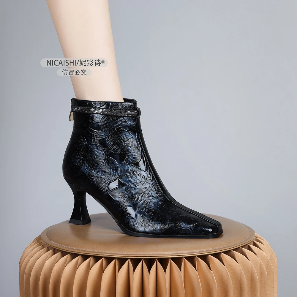 2024年新款欧美方头时装靴潮流侧拉链女靴时尚舒适气质短靴女0602