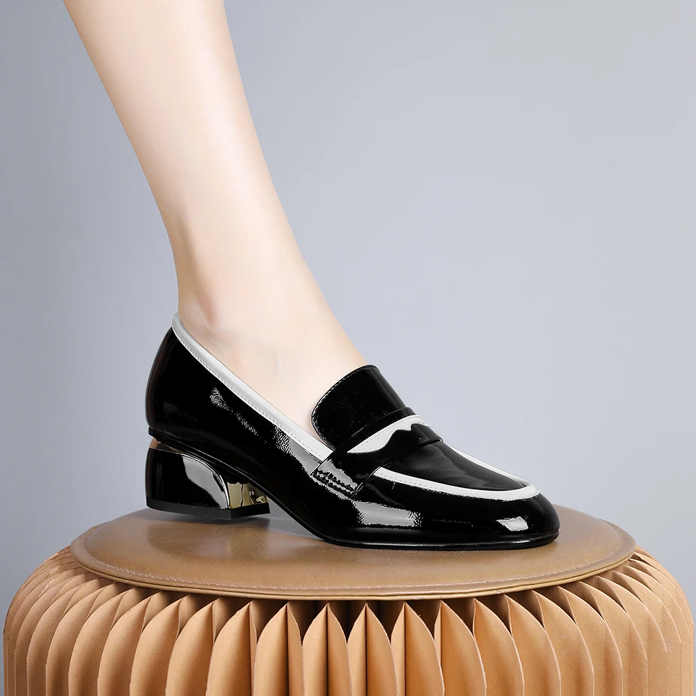 2024年新款欧美气质单鞋女百搭粗跟一脚蹬乐福鞋中跟女鞋黑色0040