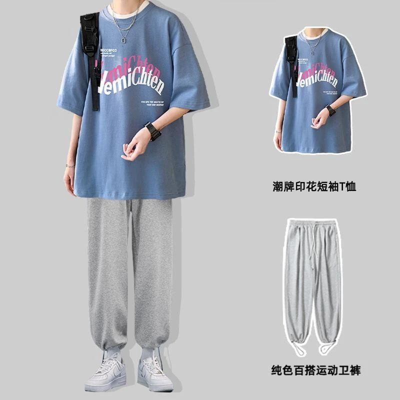 潮牌夏季男装全套一整套短袖T恤搭配帅气二件套学生潮流运动装12