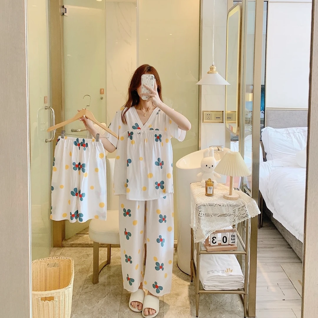 春夏新款绵绸舒适宽松吸汗透气可外出穿家居三件套睡衣