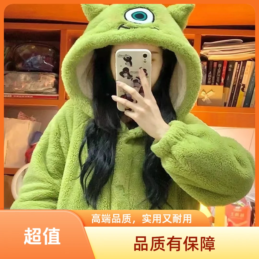 情侣小熊加绒加厚珊瑚绒睡衣保暖舒适连帽款秋冬家居服
