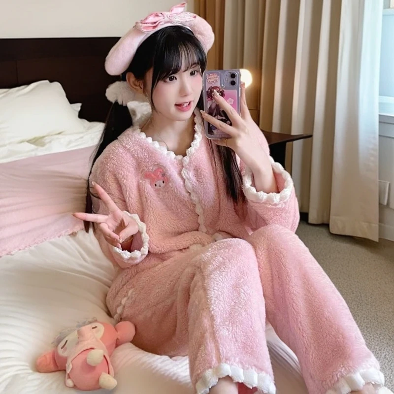 冬季新款美乐蒂甜美学生党加绒加厚保暖舒适可外穿睡衣套装