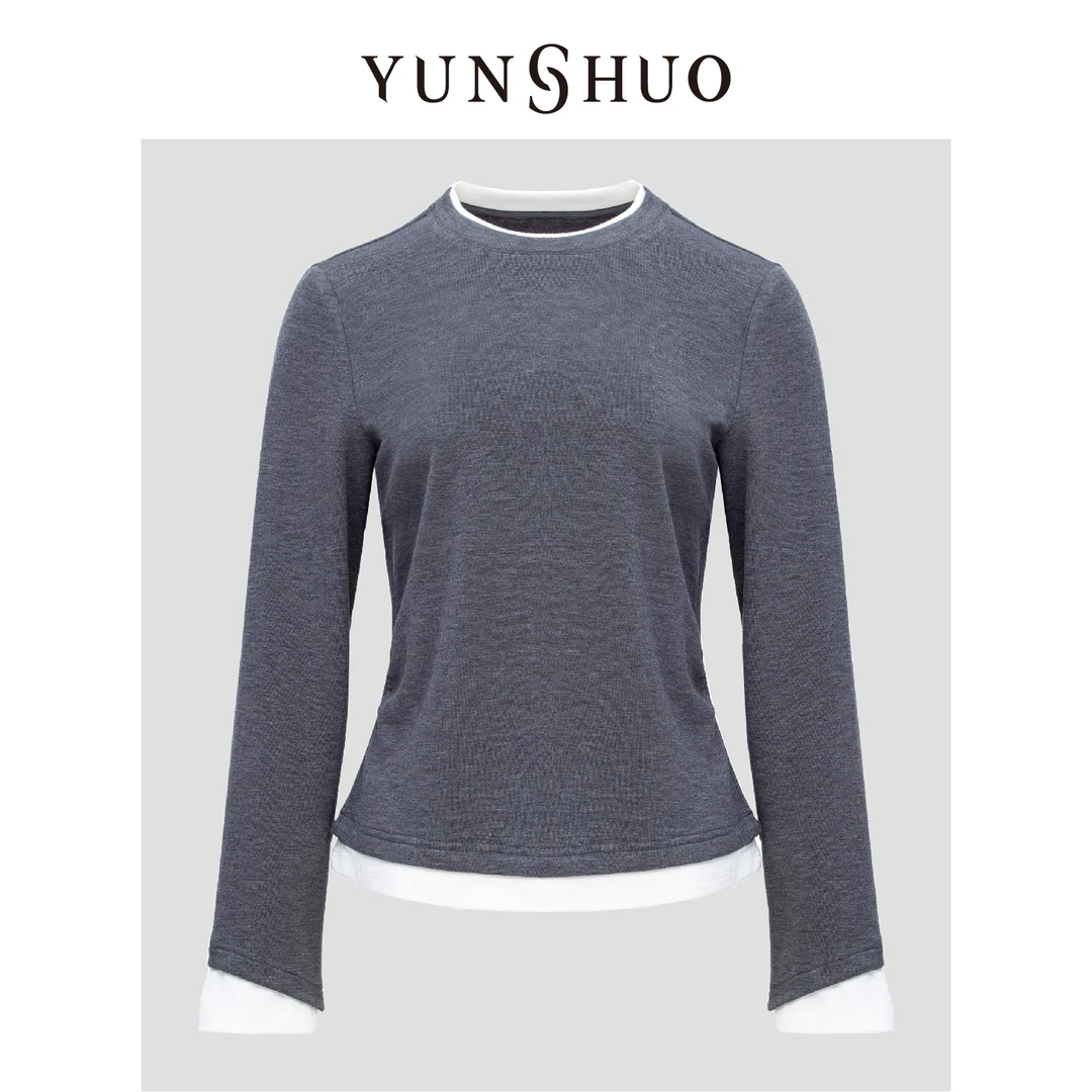 YUNSHUO允硕秋冬新品拼接时尚气质百搭休闲慵懒女灰色上衣349600