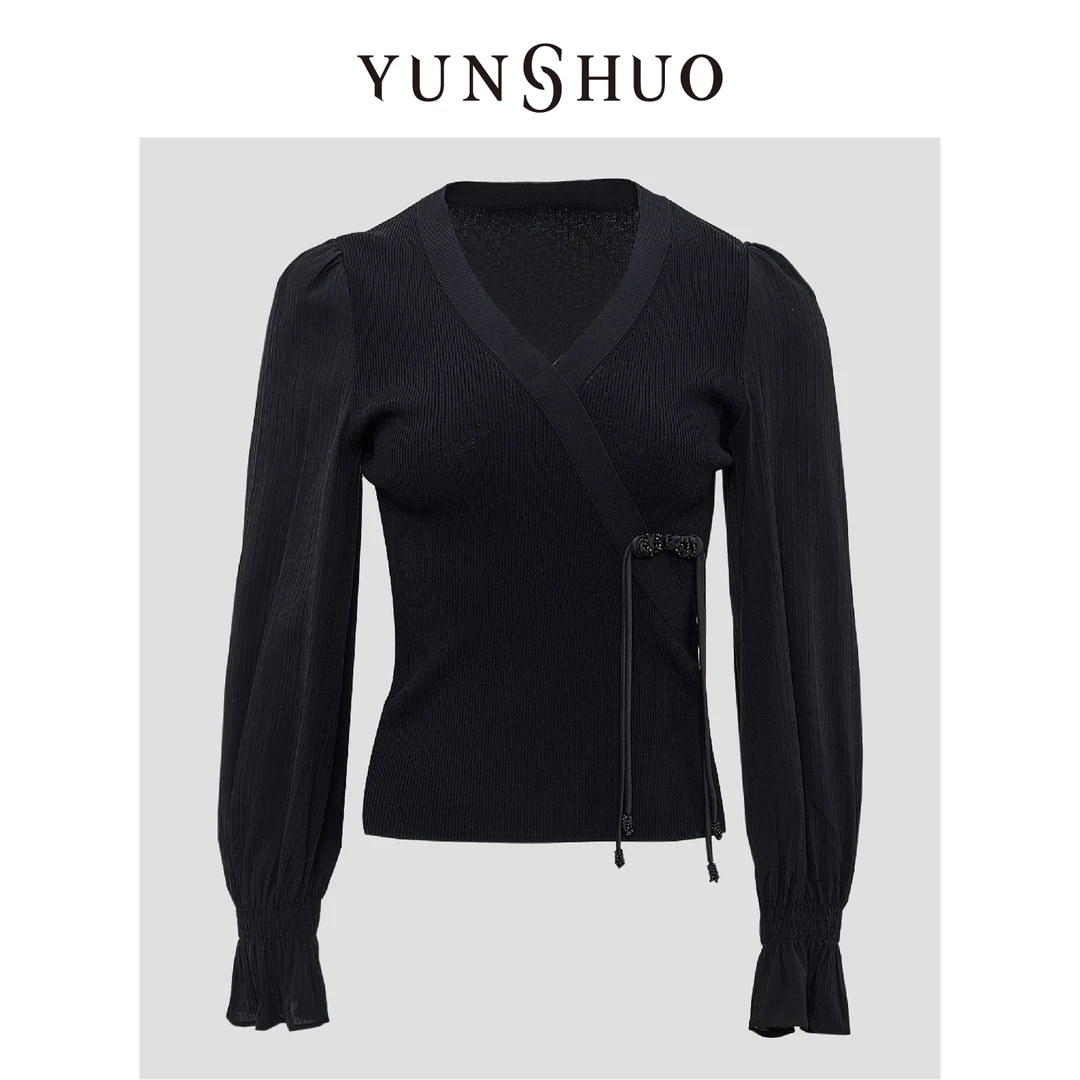 YUNSHUO允硕2024秋季新品新中式泡泡袖修身显瘦V领气质上衣739490