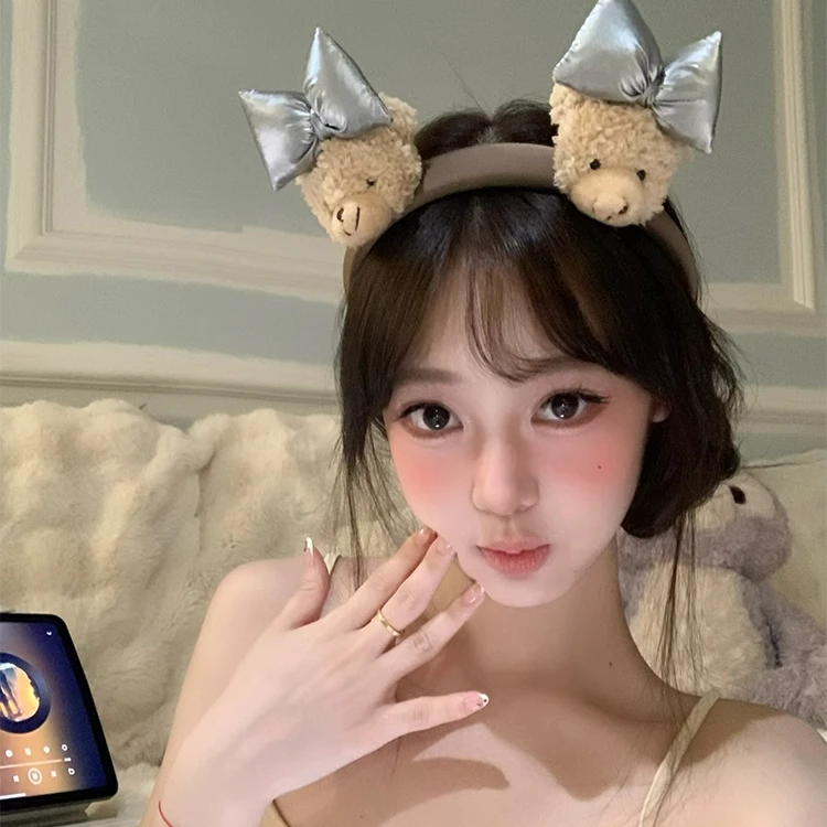 首闻可爱爆棚~银色蝴蝶结毛绒小熊发箍女款洗脸头箍发卡发捆头饰
