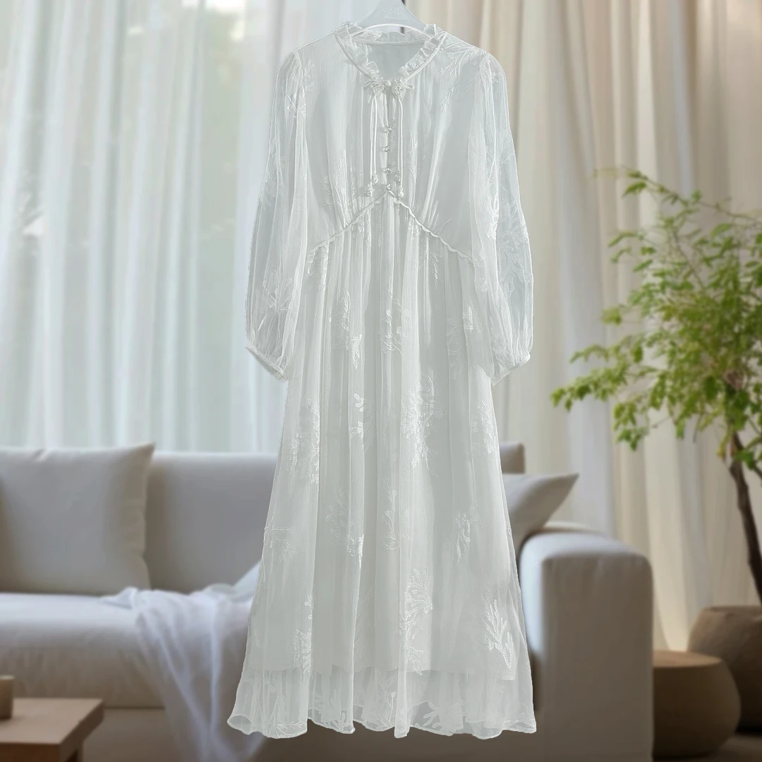 “裳玥丝绸”100真丝刺绣荷叶边大摆桑蚕丝女装连衣裙气质长裙H122