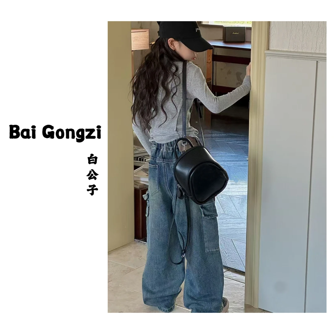 【白公子】2.2024秋季新款女童中大童百搭休闲显瘦宽松牛仔裤上衣