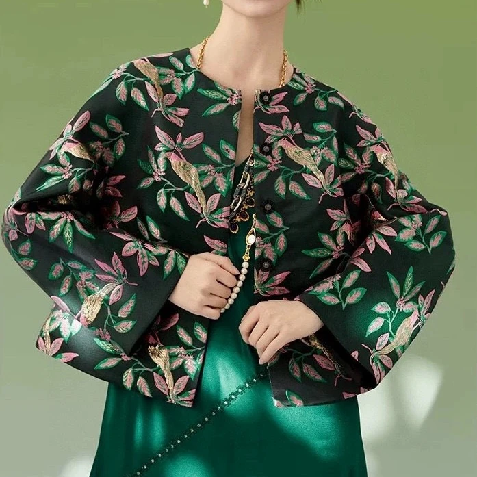 2025新款早秋新款国风洋气气质圆领提花长袖深圳南油高端女装外套