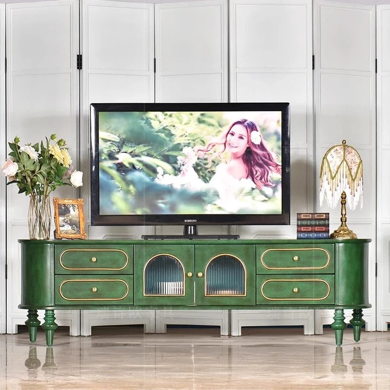 RS00009中古风乡村复古绿实木电视柜客厅欧式1.8米储物落地柜
