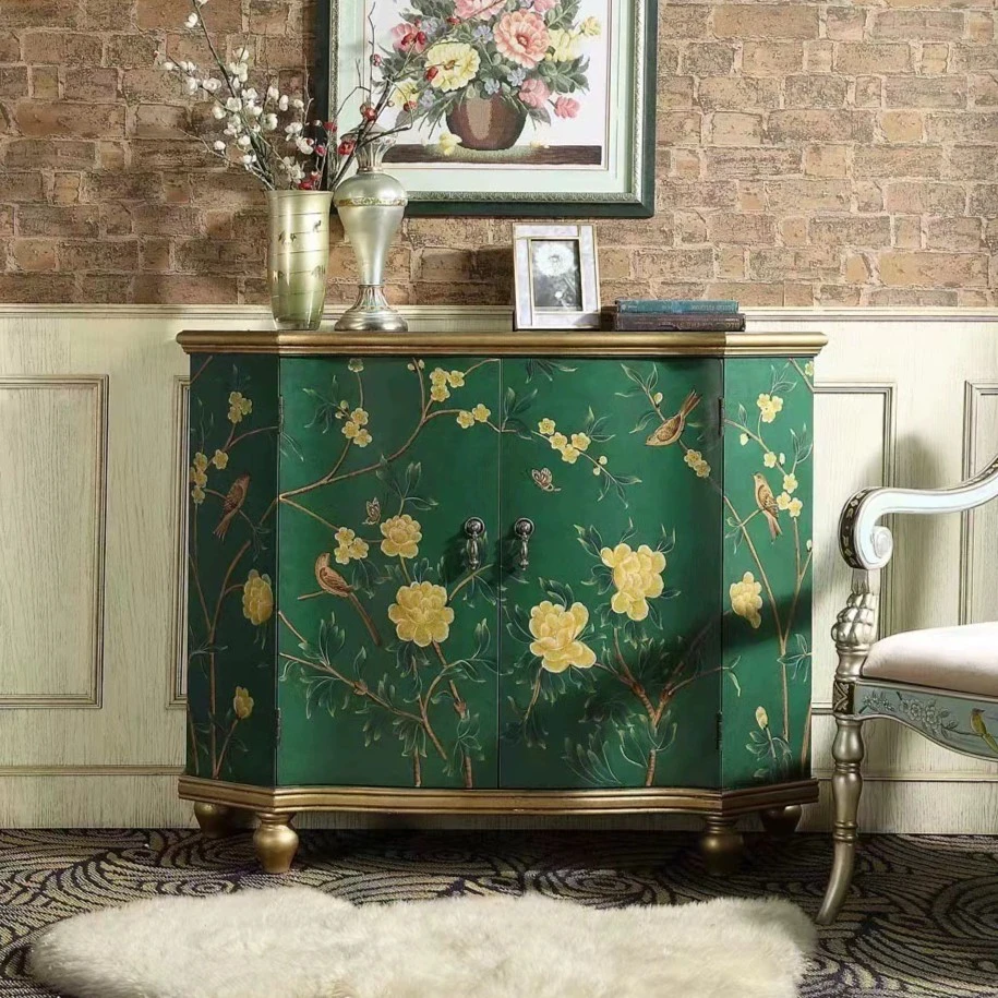 美式乡村玄关柜入户彩绘装饰柜实木餐边柜花鸟艺术储物柜复古家具