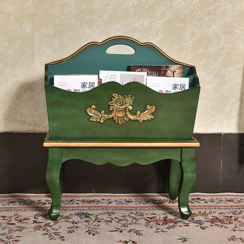 美式实木复古书报架做旧家具描金杂志架杂物木质收纳架置物小书架