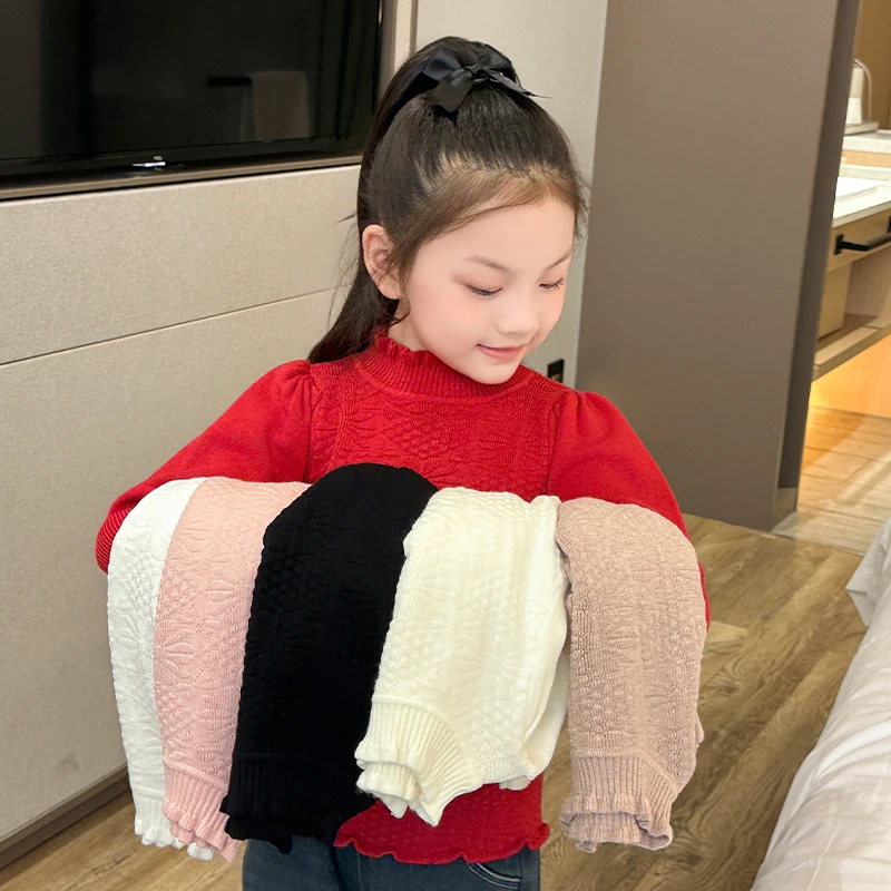新款女童毛衣洋气弹力衫宝宝花边领打底衫女孩冬季加绒加厚针织衫