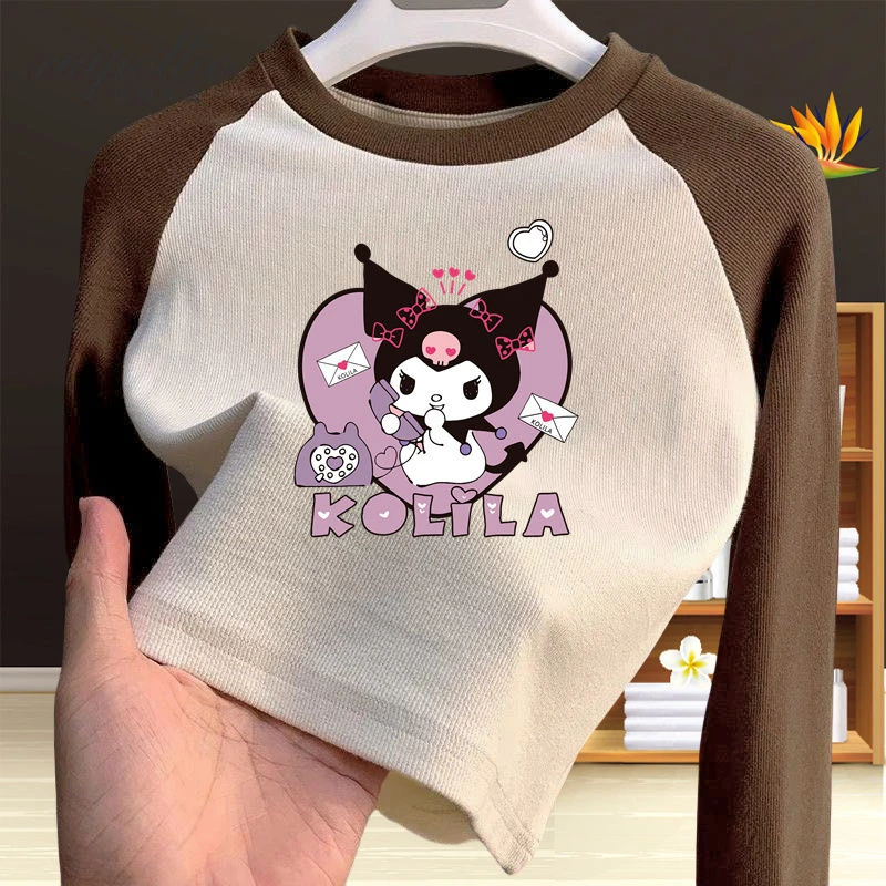 女童库洛米印花长袖T恤秋冬拼色卡通洋气宝宝儿童打底衫
