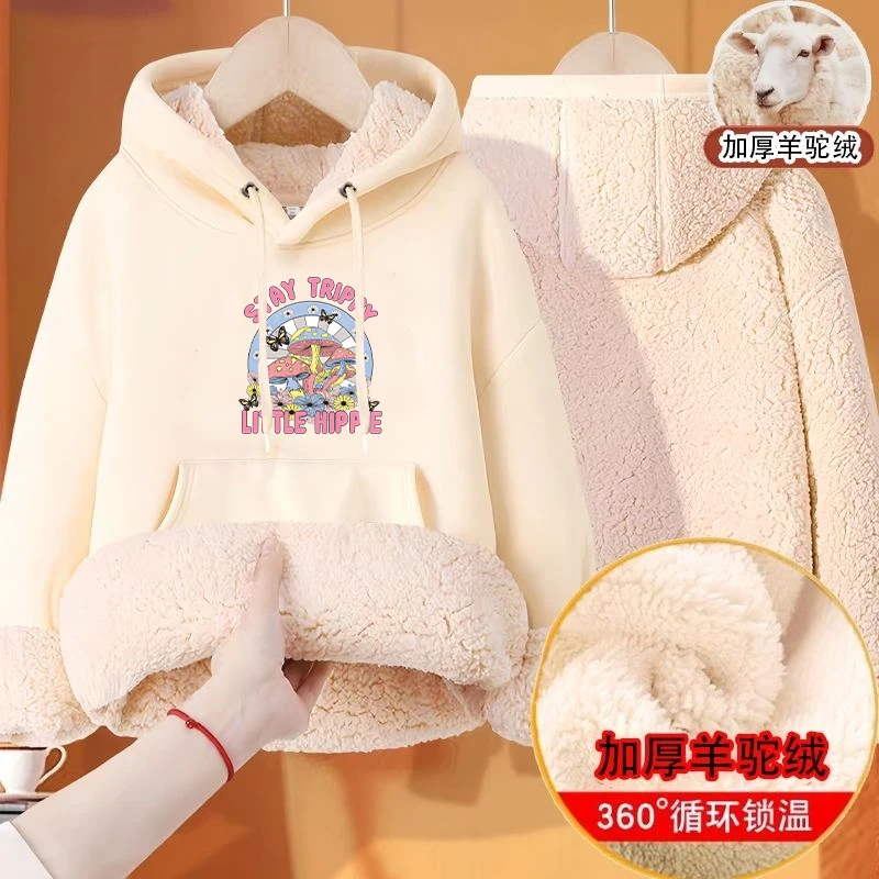 女童加绒加厚卫衣冬季羊驼绒儿童连帽上衣中大童装一体绒洋气冬装