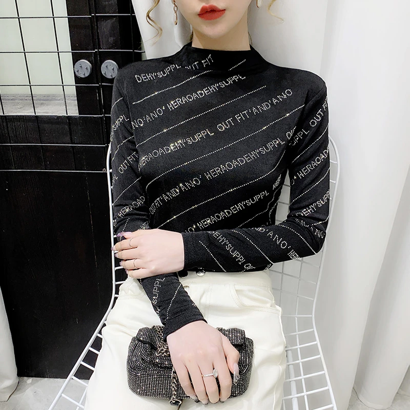 【LeiXiaoQi/雷小七】斜纹字母重工烫钻长袖上衣半高领洋气打底衫女