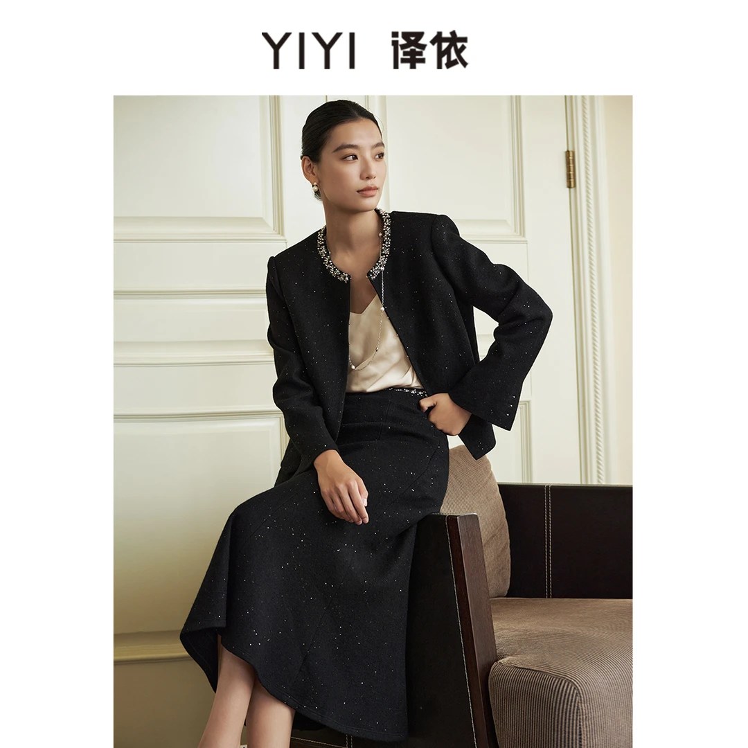 译依YIYI“夜与法兰西“针织珠片小香风外套半裙套装BDAWT129