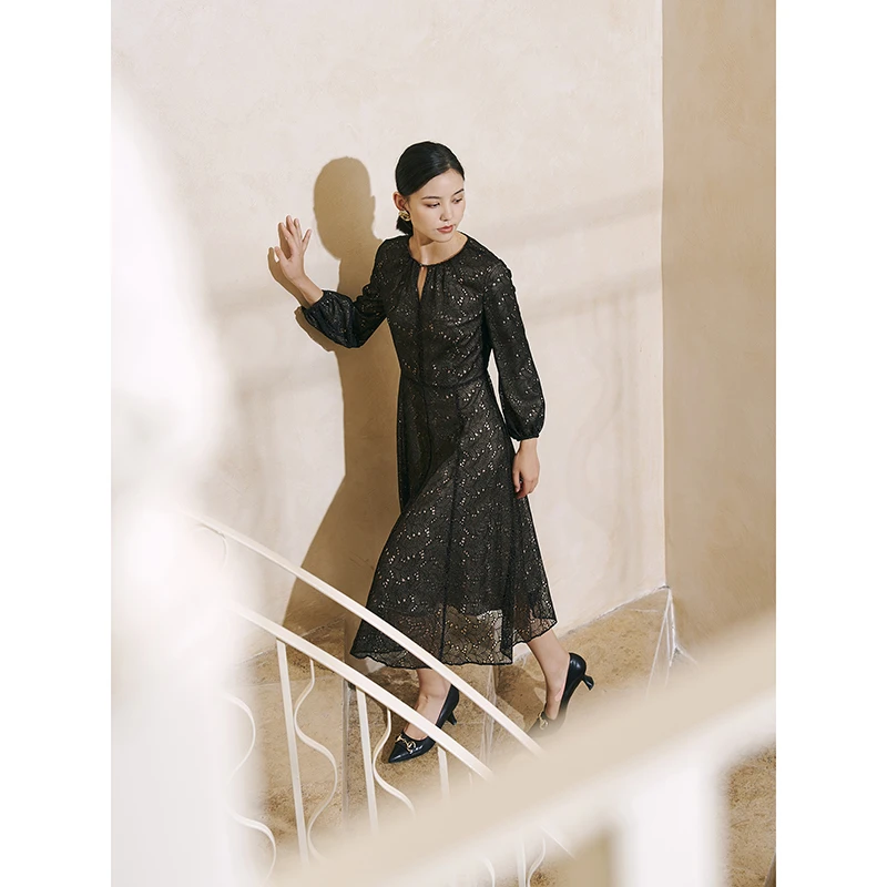 yiyi家|金丝羽叶|绣花蕾丝连衣裙奢风高端精致气质长裙 BCSLQ071