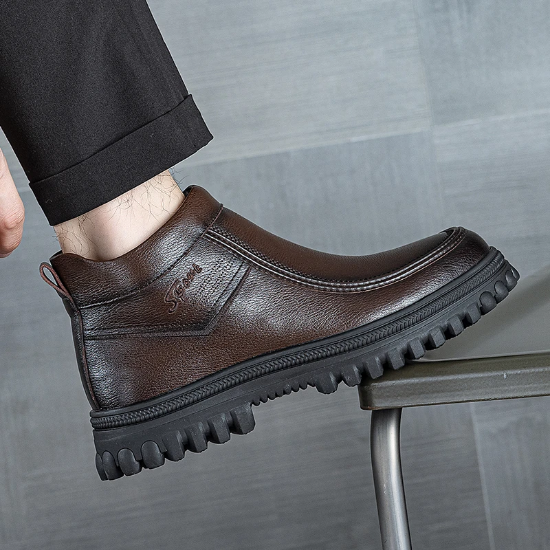 加绒保暖男鞋2024新款男士真皮棉鞋短靴厚底软底软面羊毛中年商务