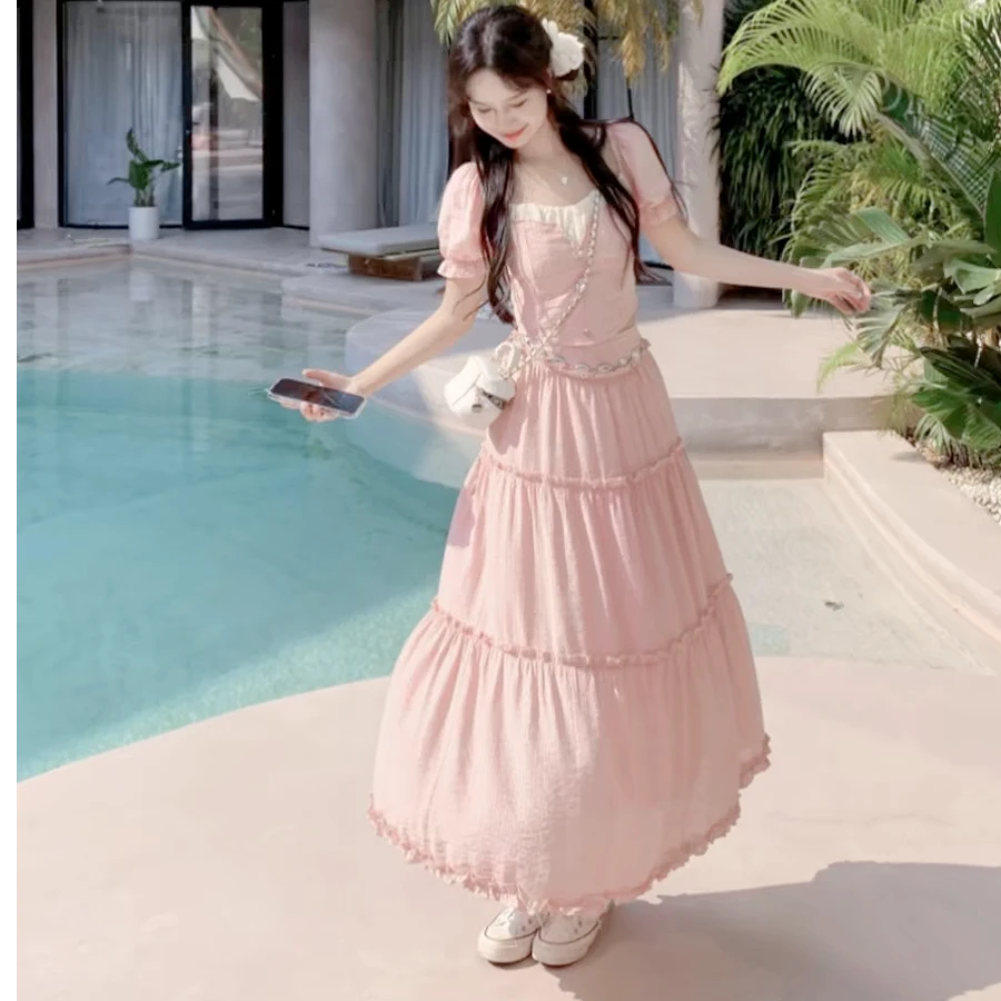 樱花少女法式甜美设计感收腰显瘦上衣+长半身裙套装女无腰链