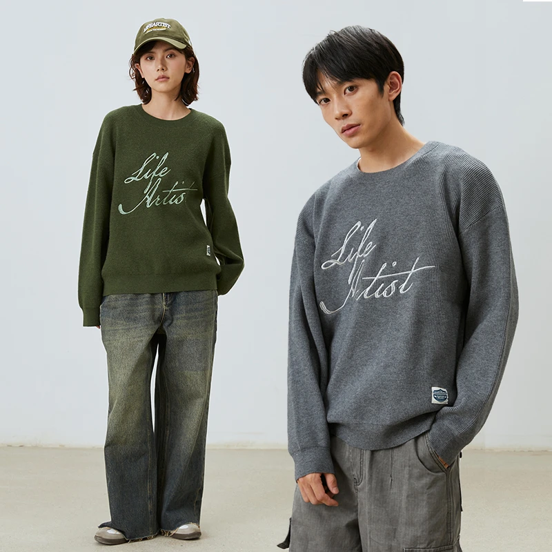 GOODLIVEABLE生活艺术家美式复古圆领提花针织衫宽松毛衣男款冬季