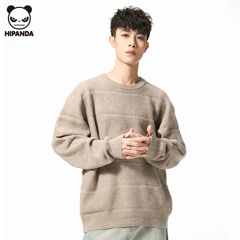 Hi Panda秋冬纯色条纹毛衣情侣加厚针织衫潮牌日系男生帅气打底衫
