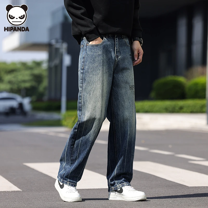 HiPanda秋季原创绣花痞帅牛仔裤男士潮牌高级感水洗扎染复古长裤