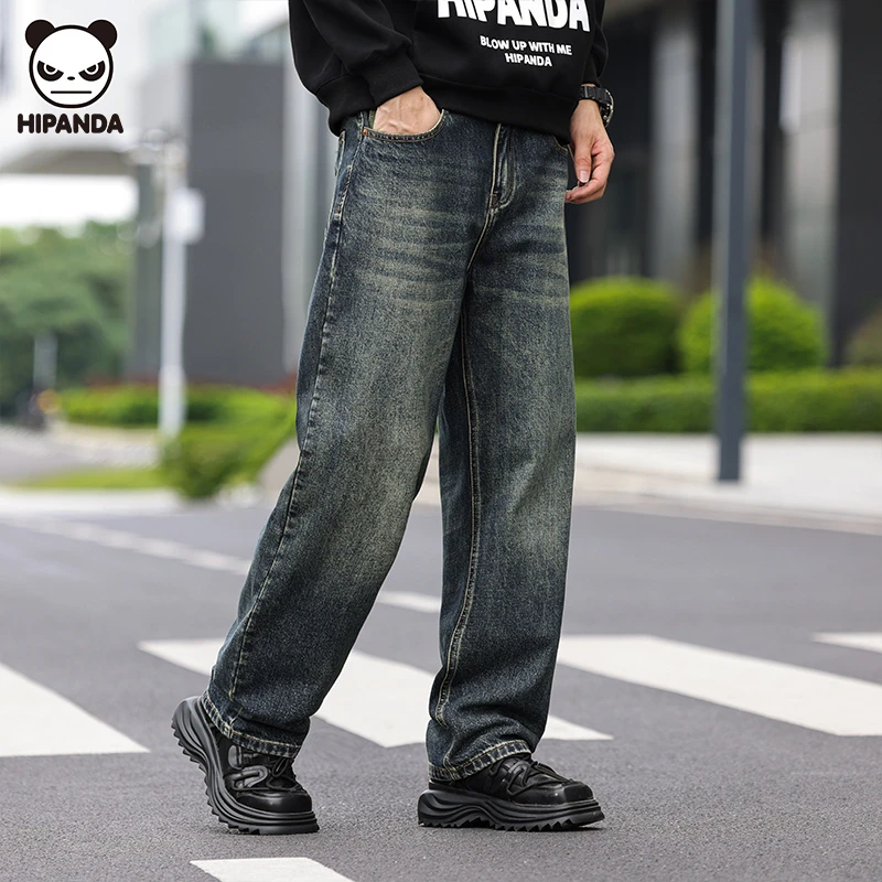 Hi Pnada春夏潮牌爆款扎染牛仔裤男士蓝灰色时尚街头风水洗直筒裤