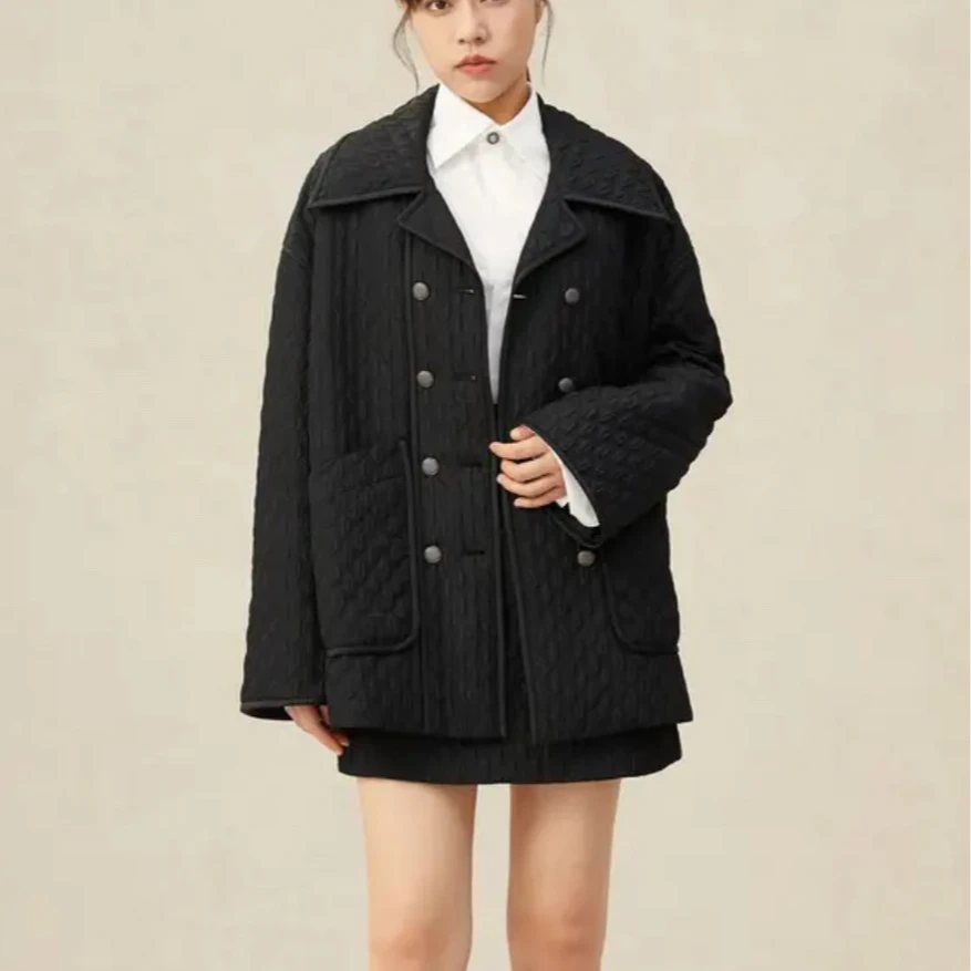 AMASS/阿玛施冬复古气质小香风菱形格百搭休闲大翻领棉服/5400440