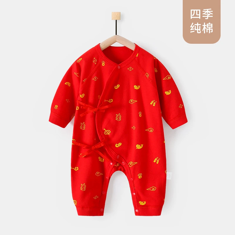 新生婴儿连体衣纯棉宝宝红色百天和尚服0-6初生宝宝满月婴儿衣服